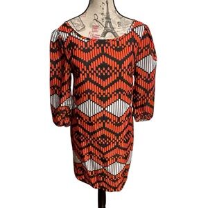 Bella D. Red & Black Geometric Print Shift Dress | 3/4 Sleeve | Size M